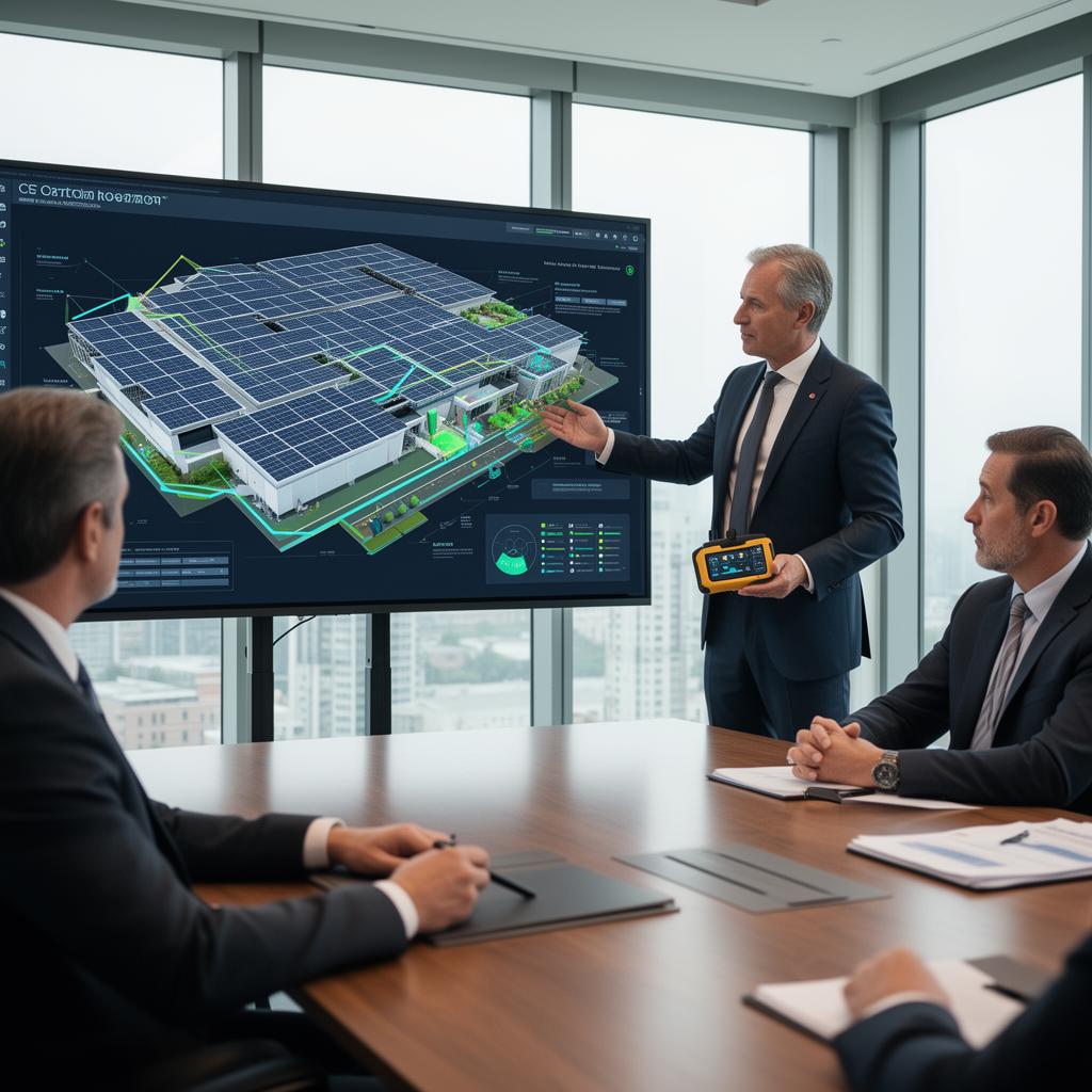 A carbon report for a commercial building being presented in a meeting room