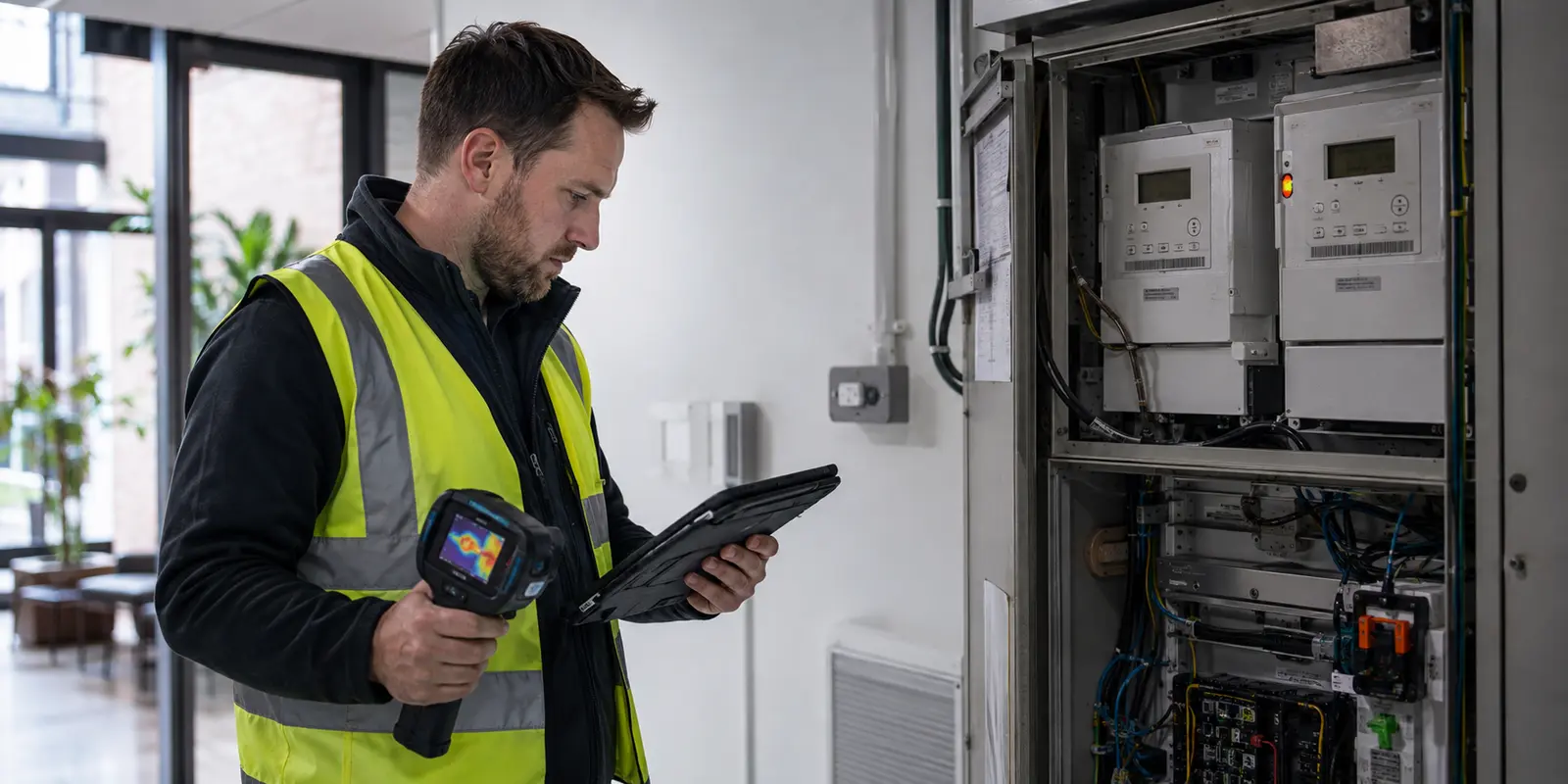 Carbon surveyor recording commercial meter information with a tablet and thermal camera