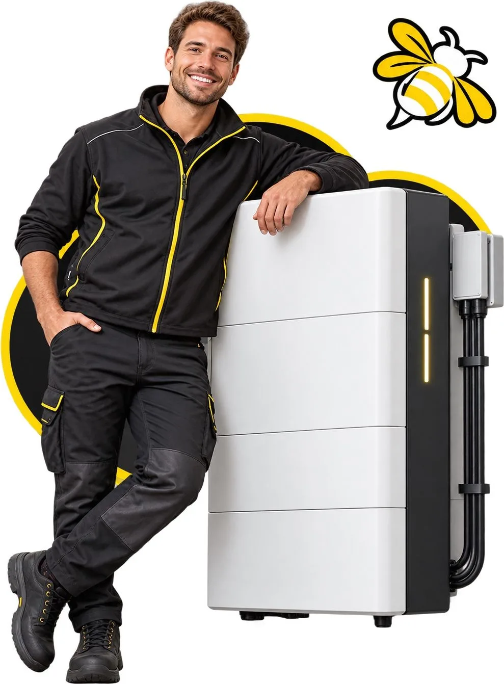 Energy Bee engineer beside a home battery storage system