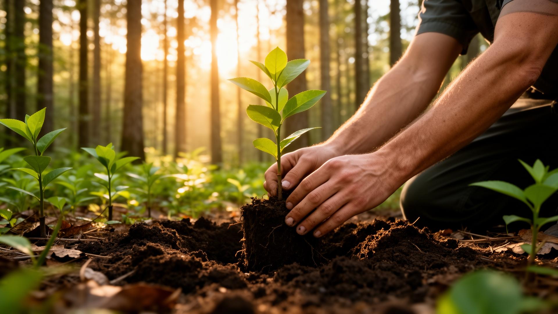 Planting a young tree in woodland with sunlight through the trees behind