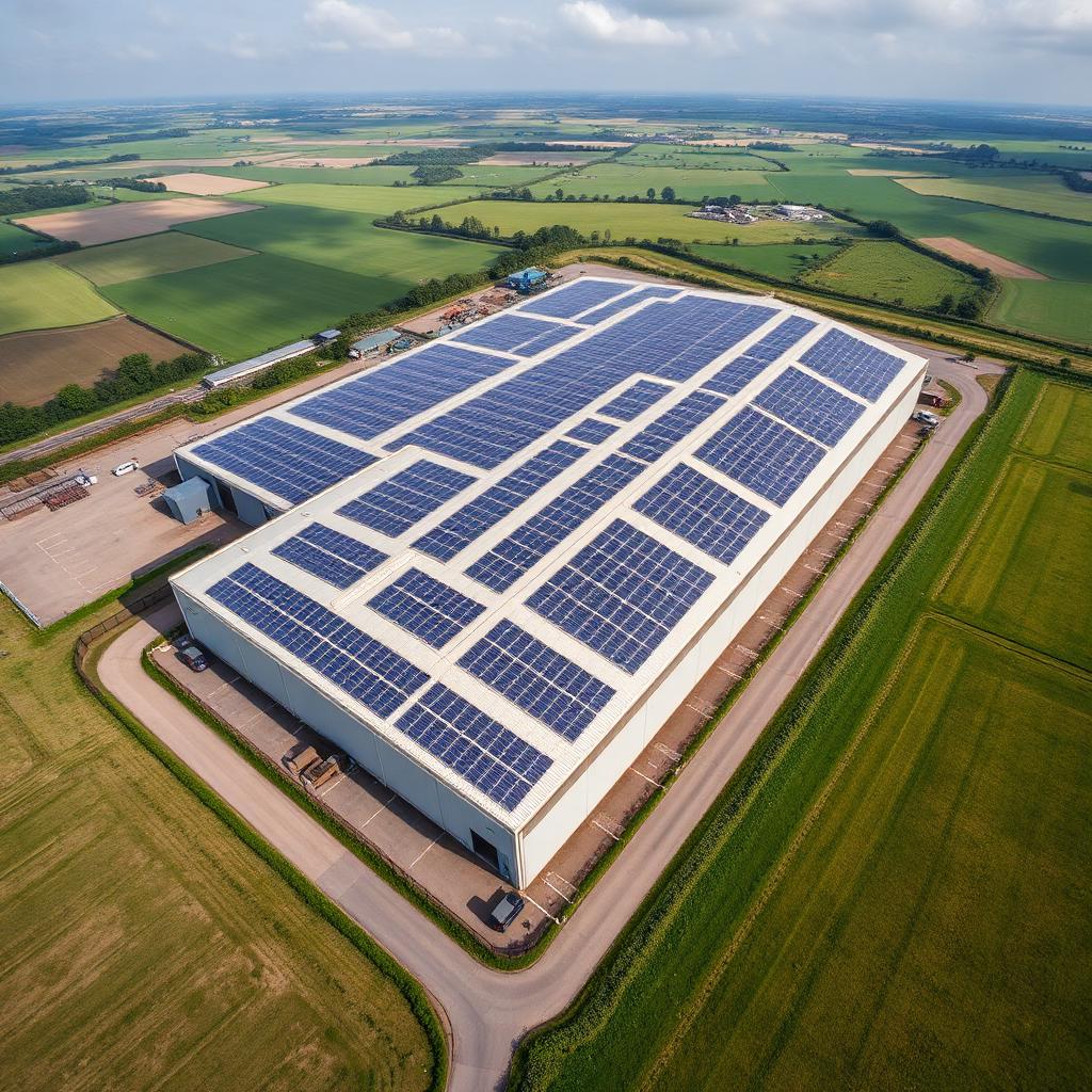 Aerial view of a large warehouse roof covered with solar panels in open countryside