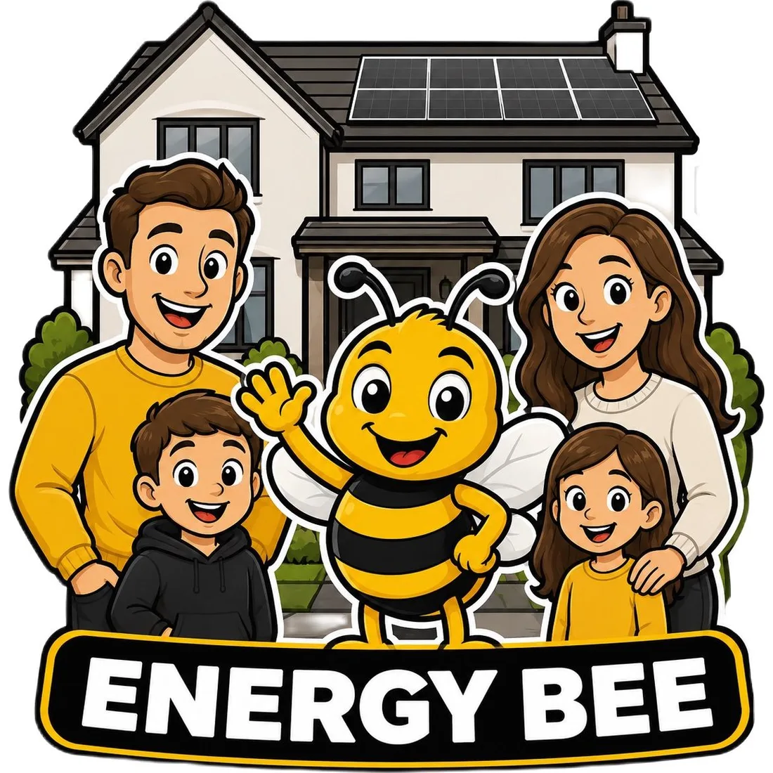 Energy Bee mascot with a family outside a home with solar panels