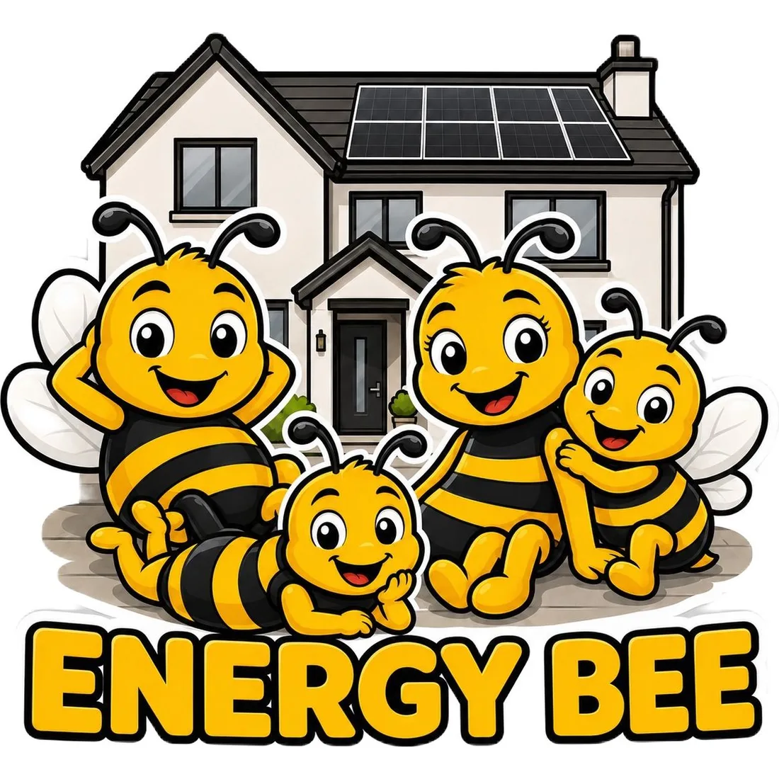 Energy Bee family of bees outside a house with solar panels