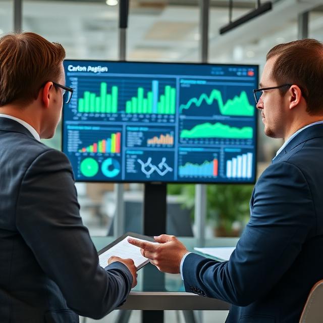 Two colleagues reviewing an energy and carbon dashboard on a large screen