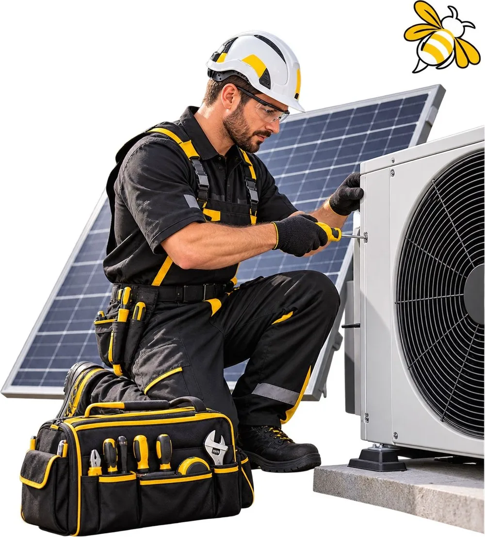 Energy Bee engineer working on an air source heat pump beside a solar panel